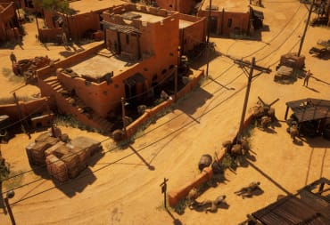Soldiers shooting at each other from behind walls in a dusty desert town in Commandos: Origins