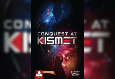 Conquest at Kismet cover art showing the title in the centre with a mysterious blue silhouette above and a mysterious red silhouette below