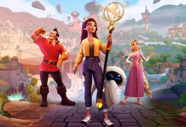 The player character, Gaston, Rapunzel, and WALL-E's Eve in key art for A Rift In Time, an expansion arriving alongside Disney Dreamlight Valley 1.0