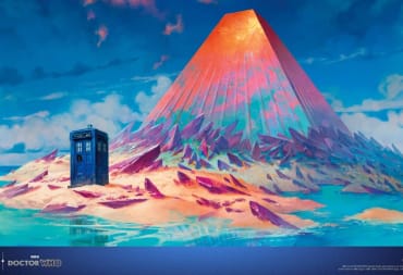 The Tardis on a snowy and icy landscape in front of a sky scraper that emerges from the ground behind it with ice running up the sides. At the bottom it says Magic Universes Beyond X Doctor Who and identifies the art as for an Island and illustrated by Svetlin Velinov 