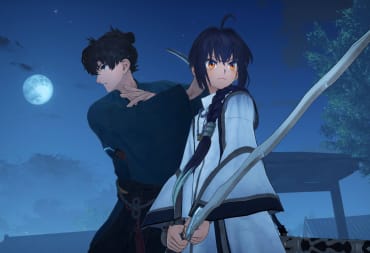 Miyamoto Iori and Saber posing with their swords in Fate/Samurai Remnant