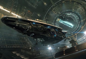 A spaceship docked in a futuristic-looking hangar in the Frontier Developments game Elite Dangerous