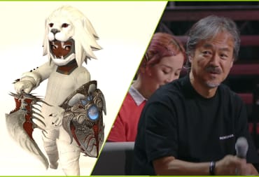 Hironobu Sakaguchi on Stage at Final Fantasy XIV Fan Festival in London, alongside his character in the game