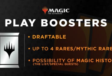 An official logo banner for Magic: The Gathering Play Boosters, complete with golden text highlighting the appeal of the new booster.