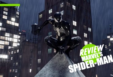 Black Suit Spider-Man from Marvel's Spiderman standing on a building with the TR Review Overlay
