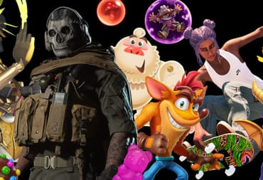 Artwork of several Activision Blizzard characters like Crash Bandicoot and Spyro to represent the Microsoft merger