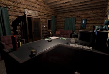 The new Maple Lodge Campsite rework, showing a reception desk inside a rustic log cabin, in Phasmophobia
