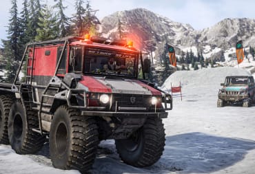 Trucks on an alpine slope in SnowRunner season 11
