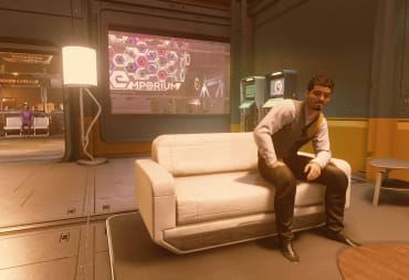 Starfield Miguel Rivas Mission Guide - Speak to Erika - Cover Image Miguel Rivas Sitting on a Couch in the Volii Hotel in Neon Core