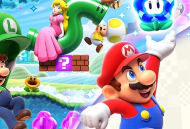 Mario holding the Wonder Flower aloft while Luigi glides on his hat and Peach sits atop a pipe from which Toad is dangling in key art for Super Mario Wonder, which is at the top of this week's UK boxed sales charts
