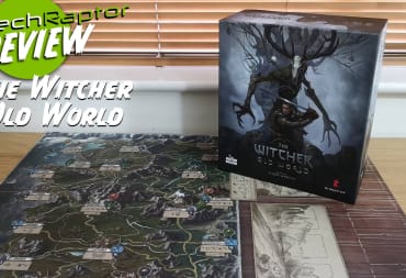 The Witcher Old World Box and board, along with our TechRaptor Review button