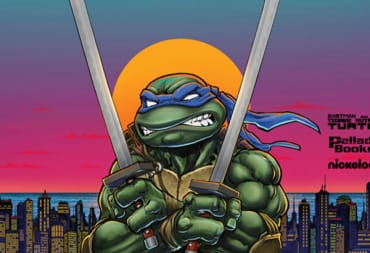 Cover art of the TMNT & Other Strangeness RPG, featuring Leonardo with his swords drawn in front of a sunset city.