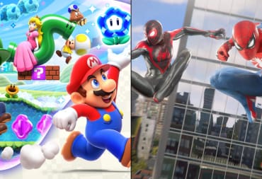 Artwork of Mario Wonder side-by-side with artwork of Spider-Man 2 for the UK boxed sales charts