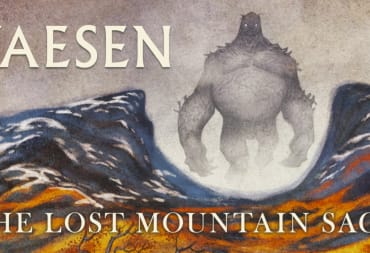 Artwork for Vaesen The Lost Mountain Saga, featuring a giant humanlike creature walking through a valley in a mountain range