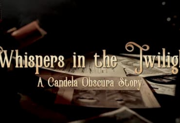 The title for the Candela Obscura charity stream, Whispers in the Twilight, shown in warm fancy text overlayed on an old desk covered in parchment.