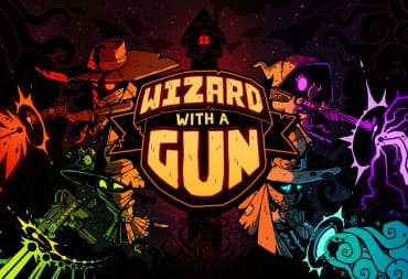The logo for Wizard With A Gun, with four wizards shooting fire, ice, poison, and tentacles from different firearms.