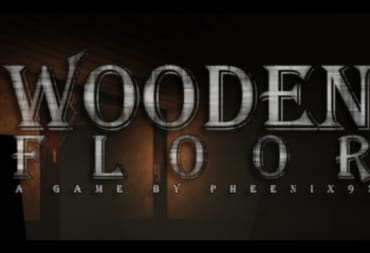Wooden Floor key art showing the game's title in a serif font with a poorly lit mysterious room as the backdrop