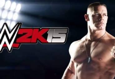 WWE 2K15 Key Art showing john cena standing to the right of the WWE2K15 logo