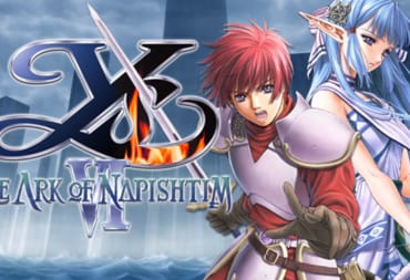 Ys VI The Ark of Napishtim key art showing a red-haired knight standing next to a blue-haired lady clad in white