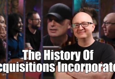 Jerry Holkins with white text in front of the cast of Acquisitions Incorporated