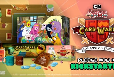 A screenshot showing off a box for Adventure Time Card Wars 10th Anniversary, including mugs and tokens.
