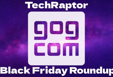 Black Friday GoG artwork showing the GOG logo on the signature space backdrop with words around the edges 