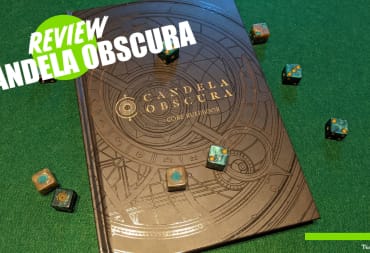The Candela Obscura Core Rulebook Review Preview Image and Dice with the TR Overlay