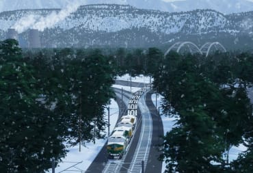A train winding its way through a rural snowy landscape in Cities: Skylines 2