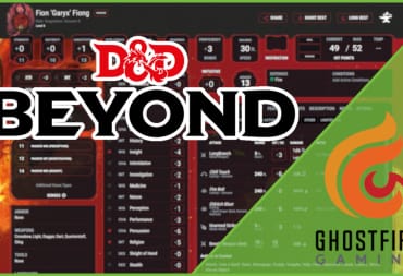 The D&D Beyond and Ghostfire Gaming logo against a D&D Beyond Character Sheet