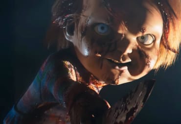 A close-up of Chucky, the newest Dead by Daylight killer, holding a blade soaked in blood