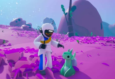 An astronaut reaching down to pet a small cute creature in System Era's Astroneer