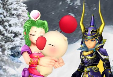Terra hugging a moogle while Kain Highwind looks on in Dissidia Final Fantasy Opera Omnia
