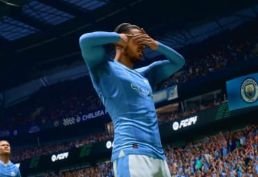 A Manchester City player celebrating a goal in EA Sports FC 24, which is at the top of the UK boxed sales charts