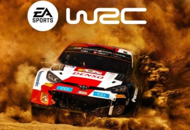 EA Sports WRC key art showing a brightly colored rally car driving through a dusty area kicking up a cloud behind itself