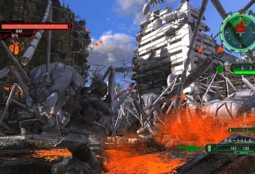earth defense force 6 fighting frog aliens with battle overlay on screen