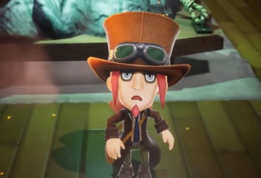 A character in a steampunk-style top hat looking towards the camera in shock in Fantasy Life i: The Girl Who Steals Time