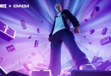 A low-angle shot of Eminem in Fortnite in the upcoming The Big Bang live event