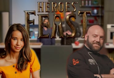 An image of the Heroes Feast set with the Heroes Feast logo and hosts Chef Mike and Sujata Day
