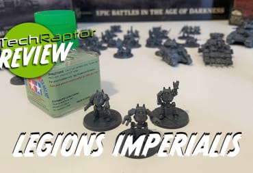 Legions Imperialis Preview header image featuring miniatures next to a glue bottle for size comparison.