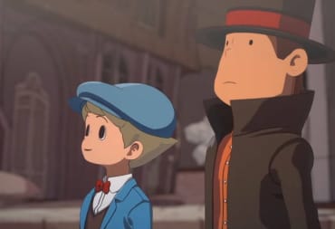 Professor Layton and Luke looking up at something off-screen in Professor Layton and the New World of Steam, one of the games shown at the Level-5 Vision II showcase