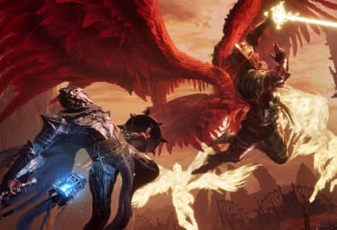The player lunging to attack the valkyrie boss Pieta with a sword and shield in Lords of the Fallen