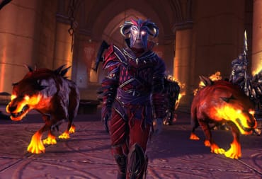 A character in spiky armor walking towards the camera and flanked by two fiery hellhounds in Neverwinter, a game by Cryptic Studios