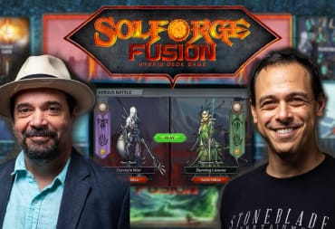 Richard Garfield and Justine Gary alongside the SolForge Fusion Logo and new SolForge Fusion Digital interface