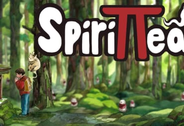Spirittea Review Key Art Showing a red clad character praying at a shrine in the woods while the game logo fills the top right corner.jpg