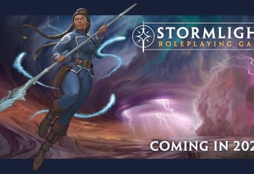 A promotional image of the Stormlight Archives TTRPG, featuring a robed woman wielding a spear.
