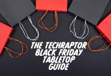 The TechRaptor Black Friday Tabletop Guide Header image, featuring black and red gift bags