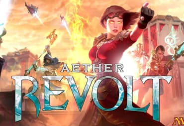 Aether Revolt Key Art showing a flaming character dressed in red armor with a chaotic scene of fighting and flying machines behine her