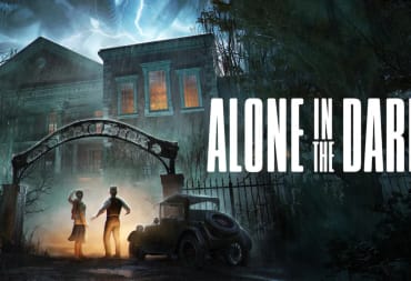 Alone in the Dark key art showing two people in early 1900s apparel standing beneath the gate of a huge old fashioned ohuse on a rainy and stormy night