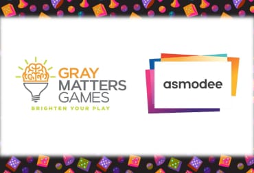 The logos for Gray Matters Games and Asmodee Publishing on a white background surrounded by a border of colorful game pieces.