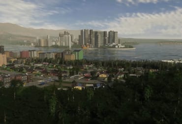 A long shot of a cityscape with a forest in the foreground in Cities: Skylines 2